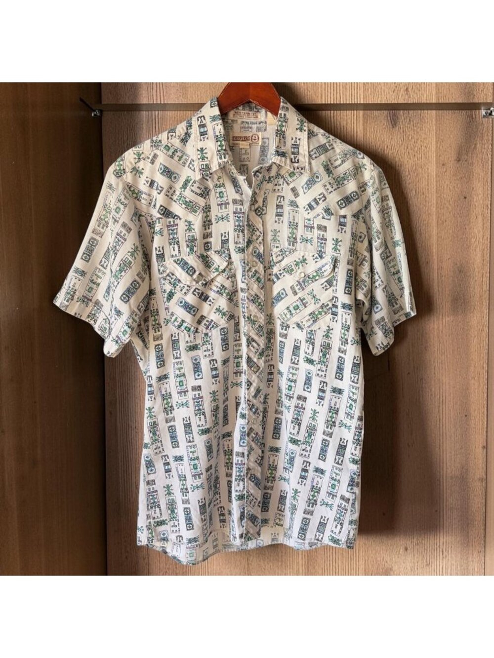 Vtg Sheplers Western Shirt Men Medium Southwestern Print Pearl Snap Short Sleeve